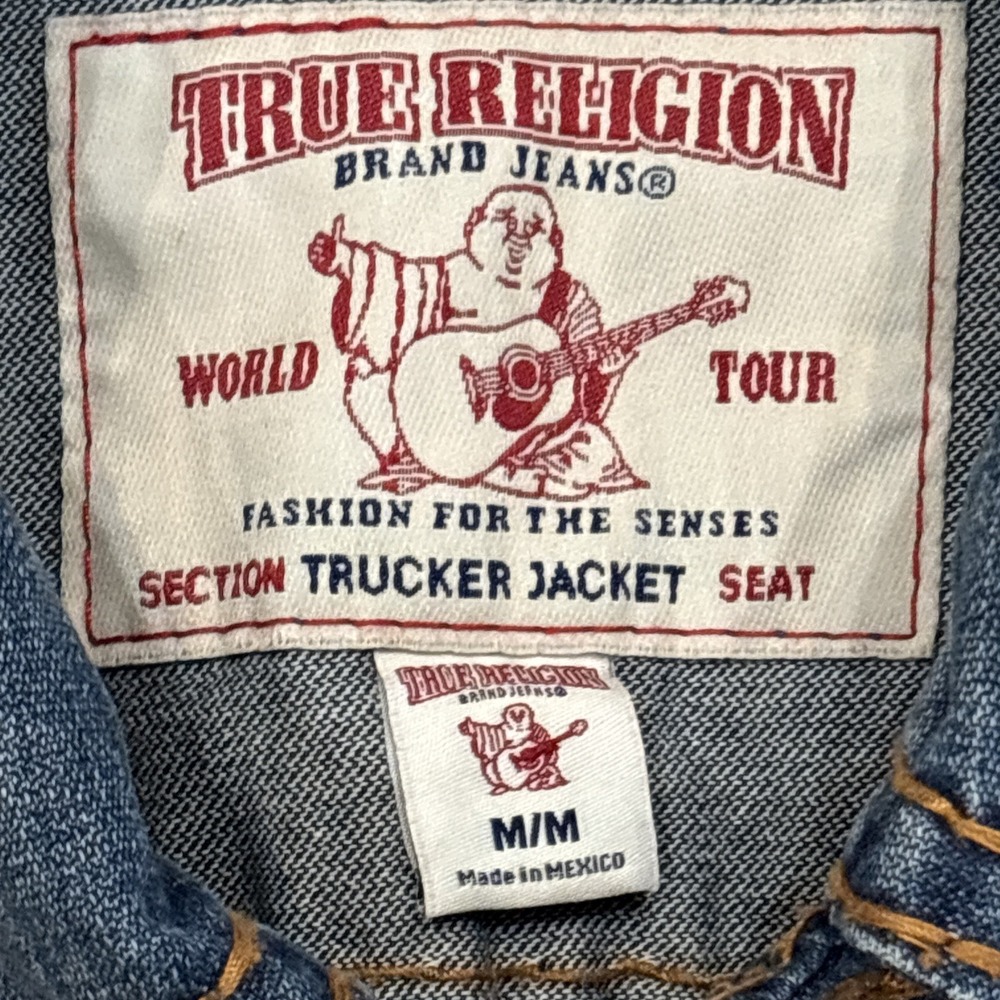 True Religion Blue Denim Trucker Jacket Size M Thick Stitching Res Super T VTG - Picture 2 of 14